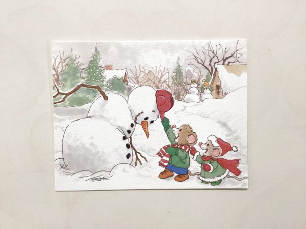 画像1: クリスマスカードS　ネズミと雪だるま (1)